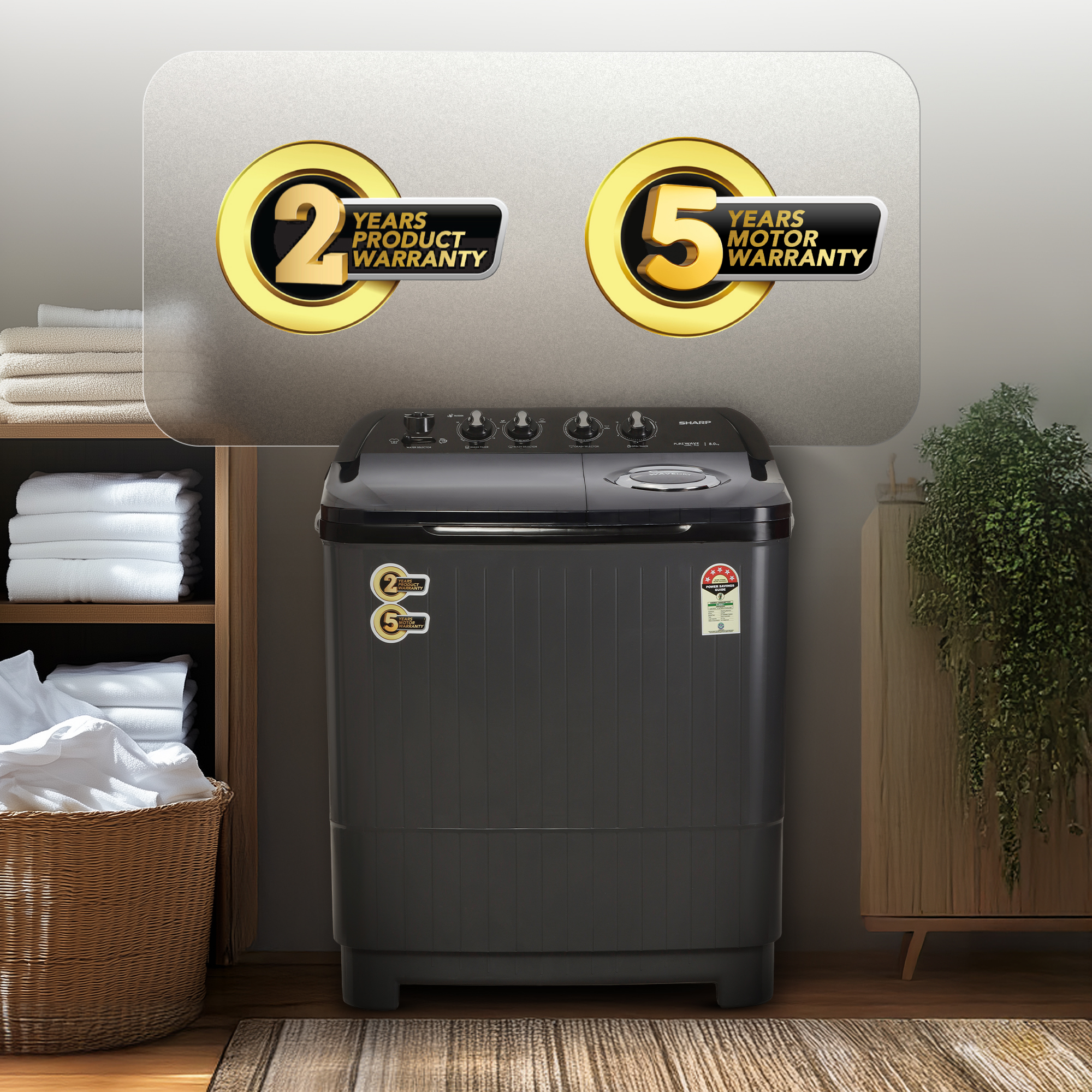 SHARP 8.0 Kg 5 Star 3 Wash Programs | Quadroniq Pulsator | Wave