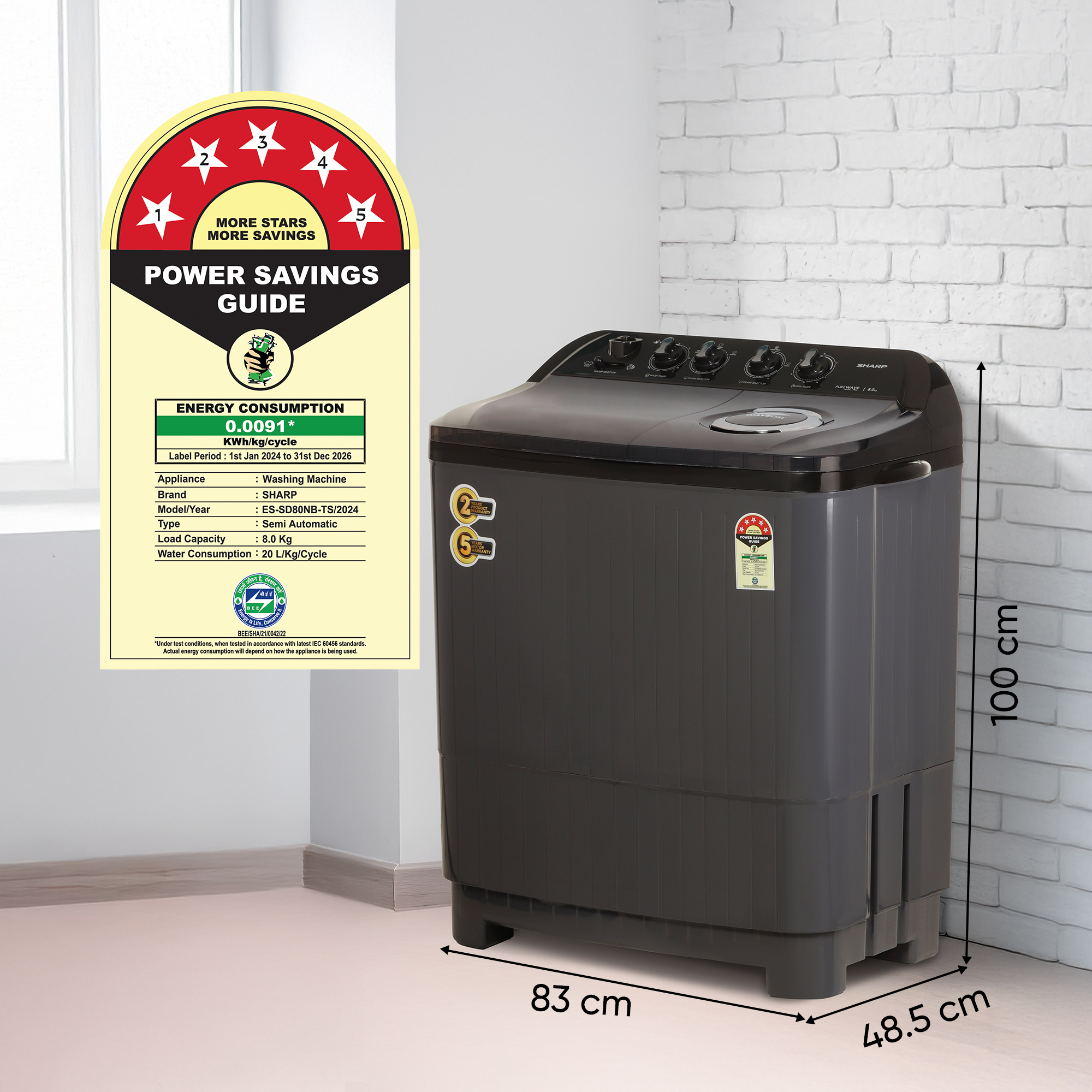 SHARP 8.0 Kg 5 Star 3 Wash Programs | Quadroniq Pulsator | Wave